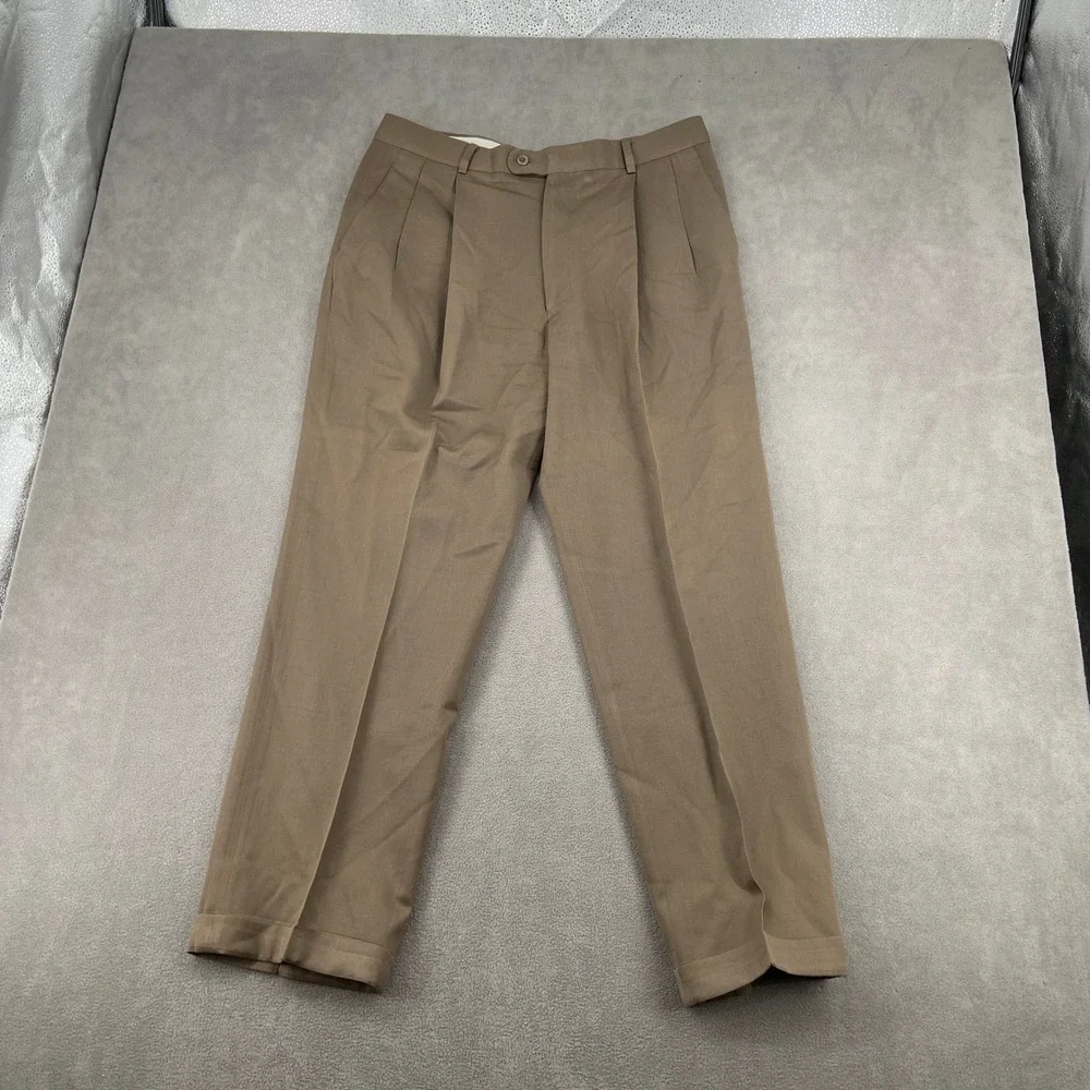 Gary Peters Mens 38 Brown Pure New Wool Pleated Cuffed‎ Dress Pants Trousers
